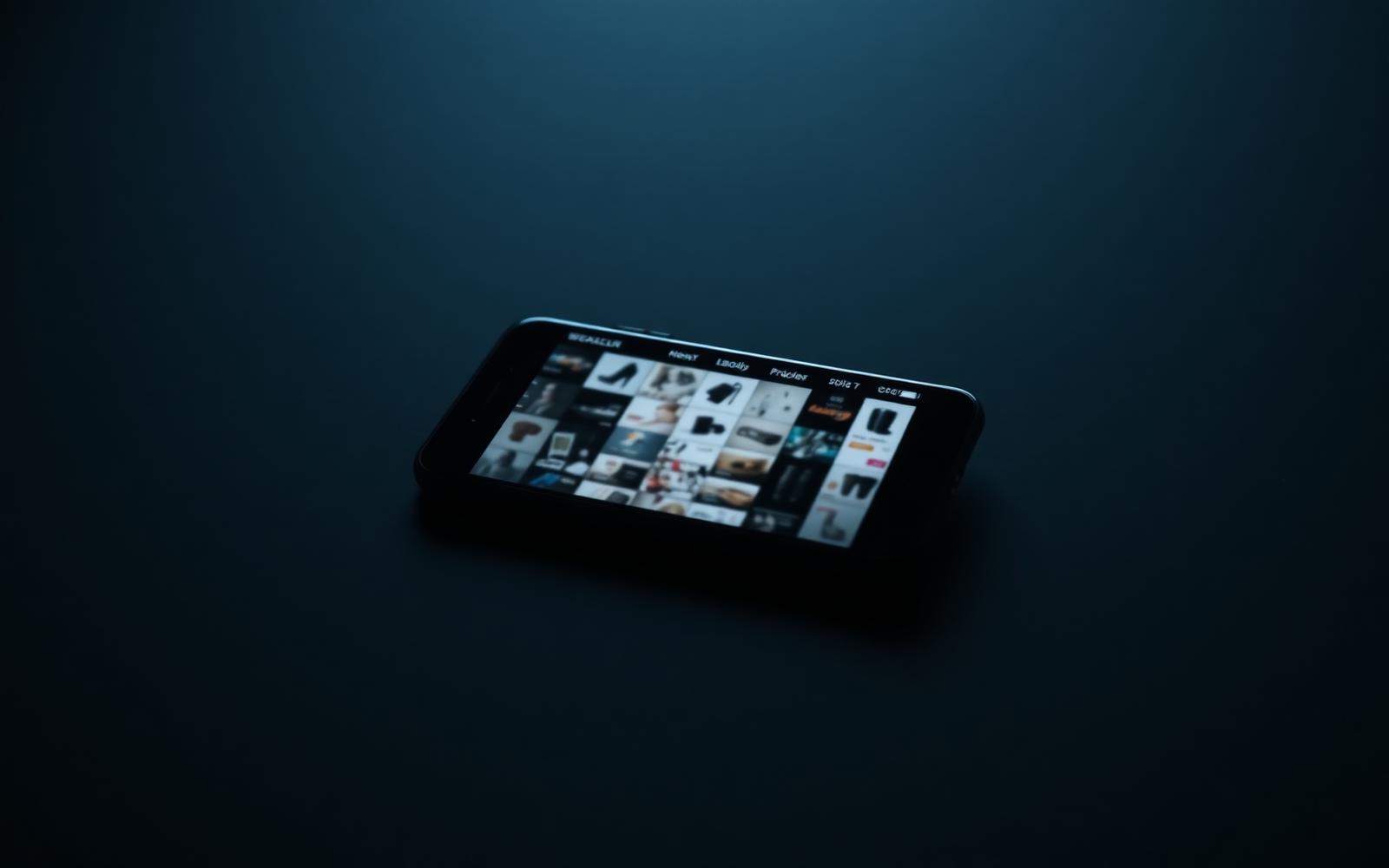 A phone displaying a faint product grid fading into darkness